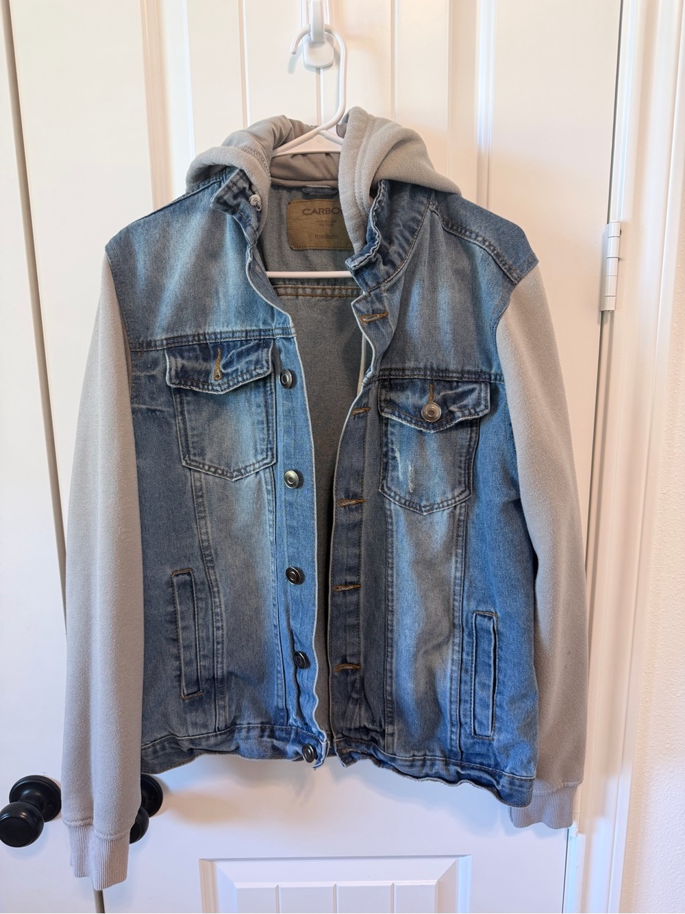 Women’s M Hooded Denim Jacket Gray Sleeves Y2K Streetwear